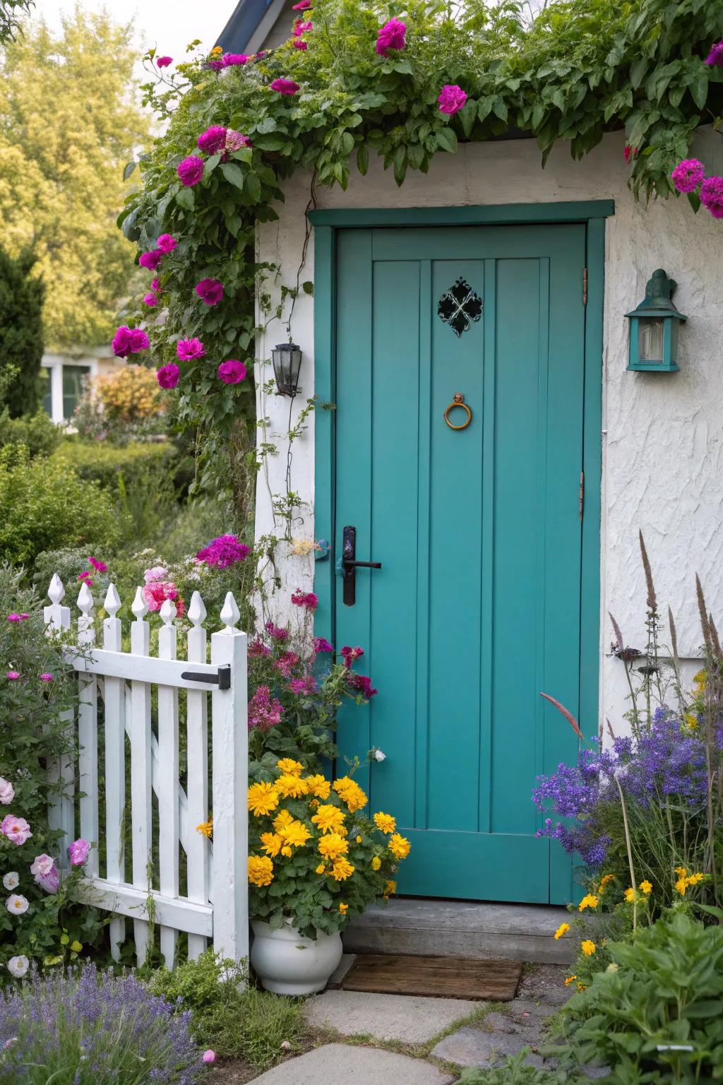 A striking teal door with vibrant floral decor.
