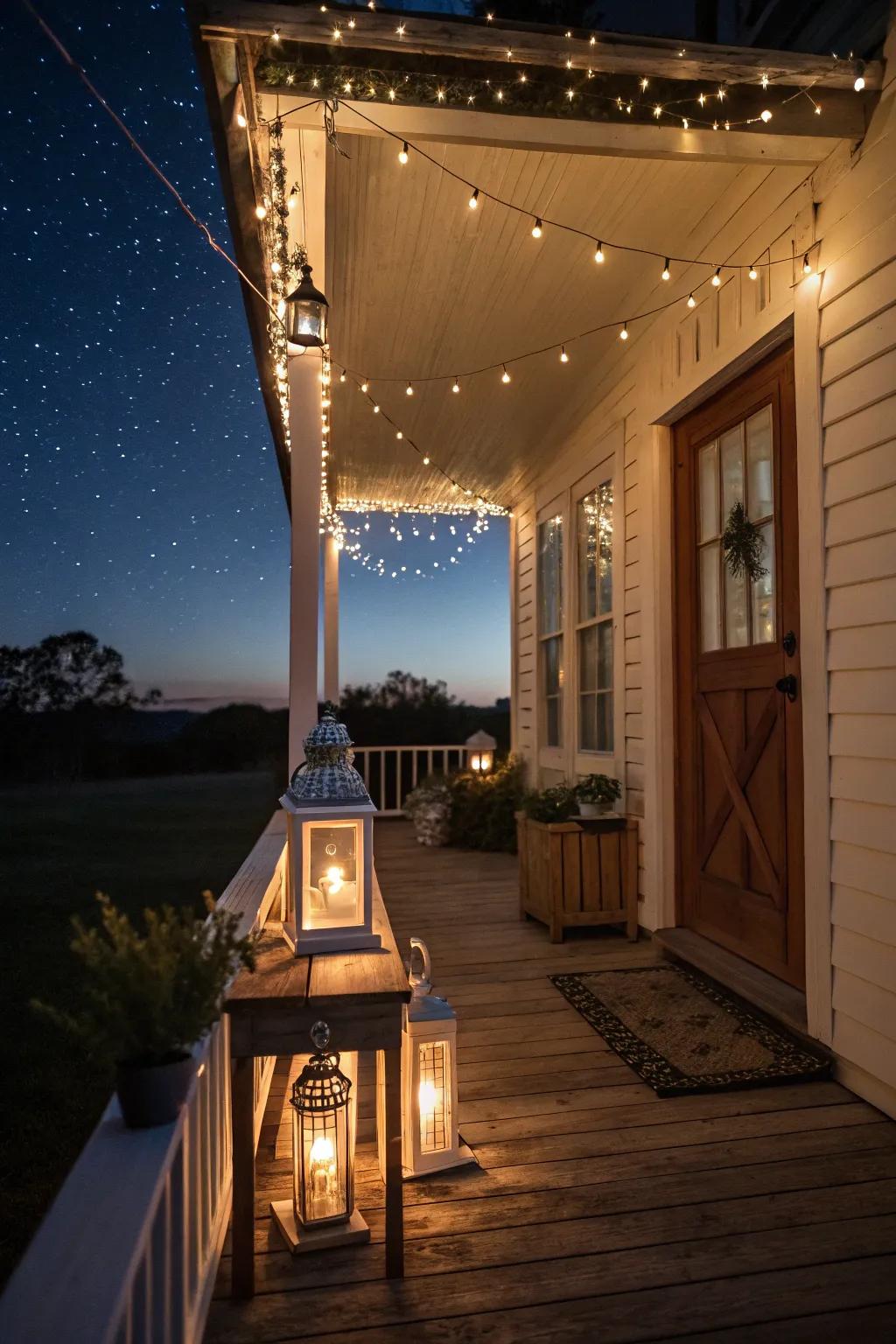 A cottage porch beautifully lit by string lights and lanterns.