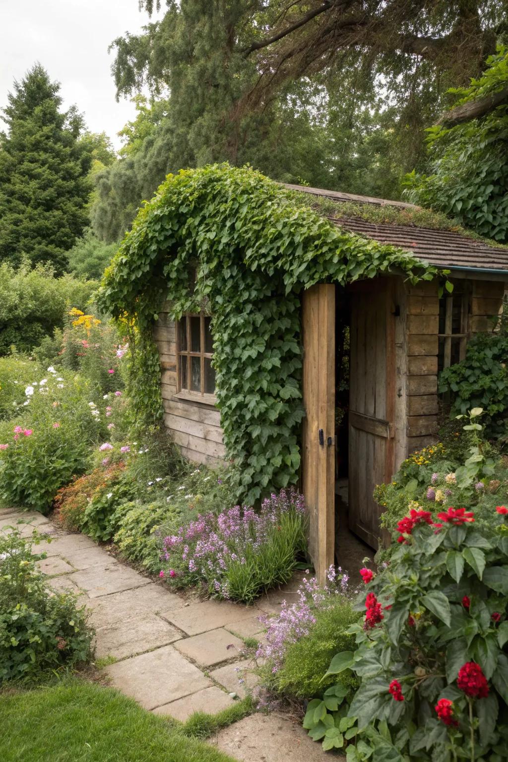 A quaint garden shed enveloped in lush ivy.