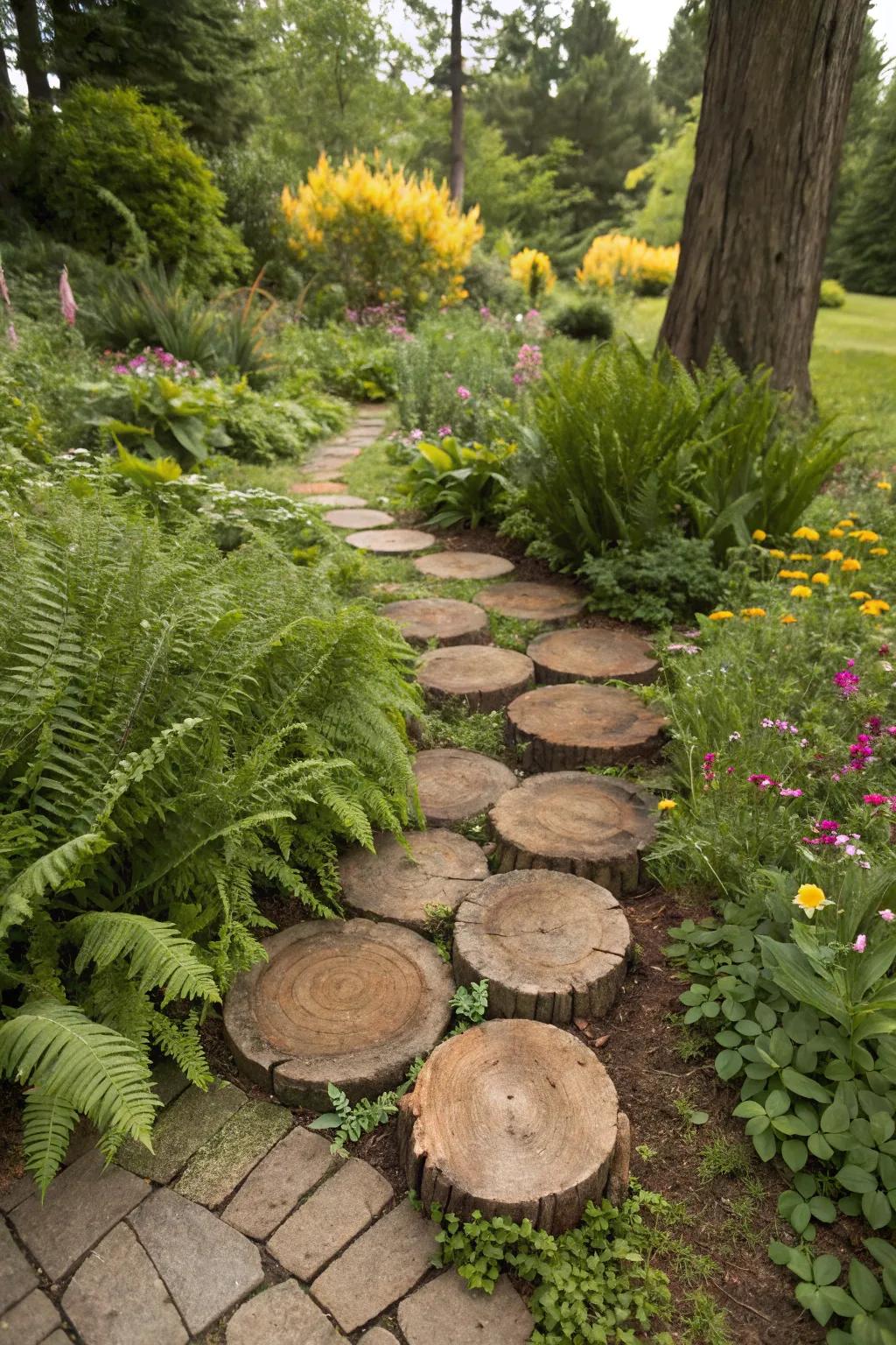 Log slices creating a whimsical path in a woodland garden setting.
