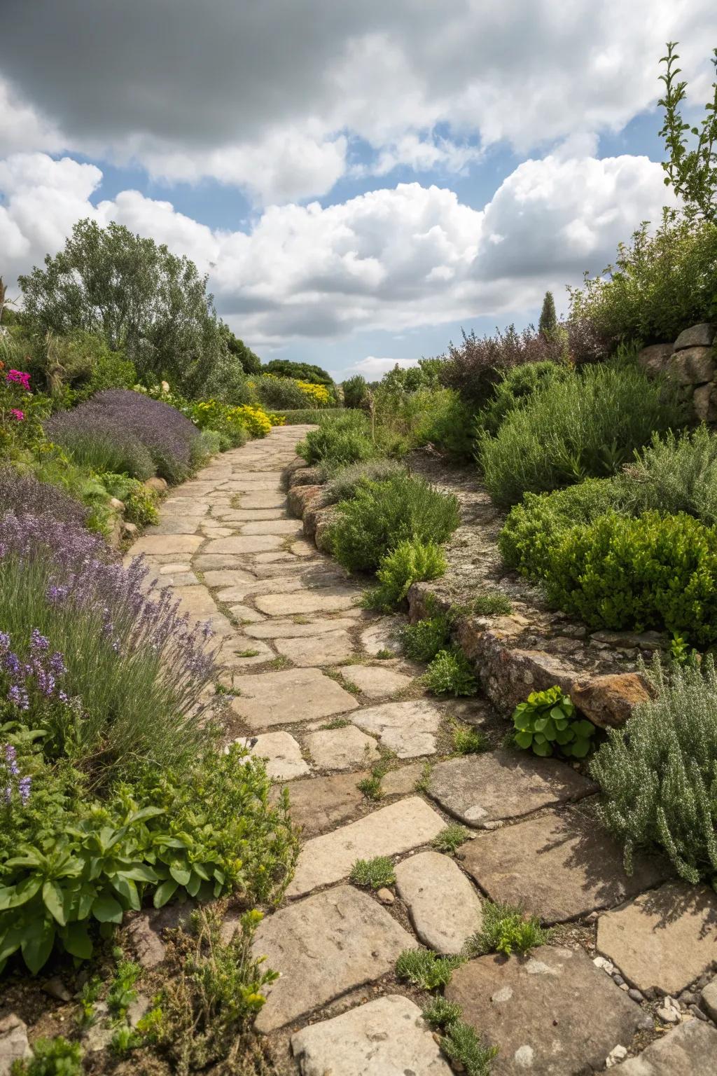 Herbs flourishing between paving stones add beauty and fragrance.
