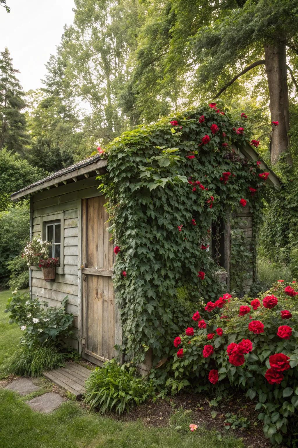 Climbing plants turn this shed into a whimsical garden feature.