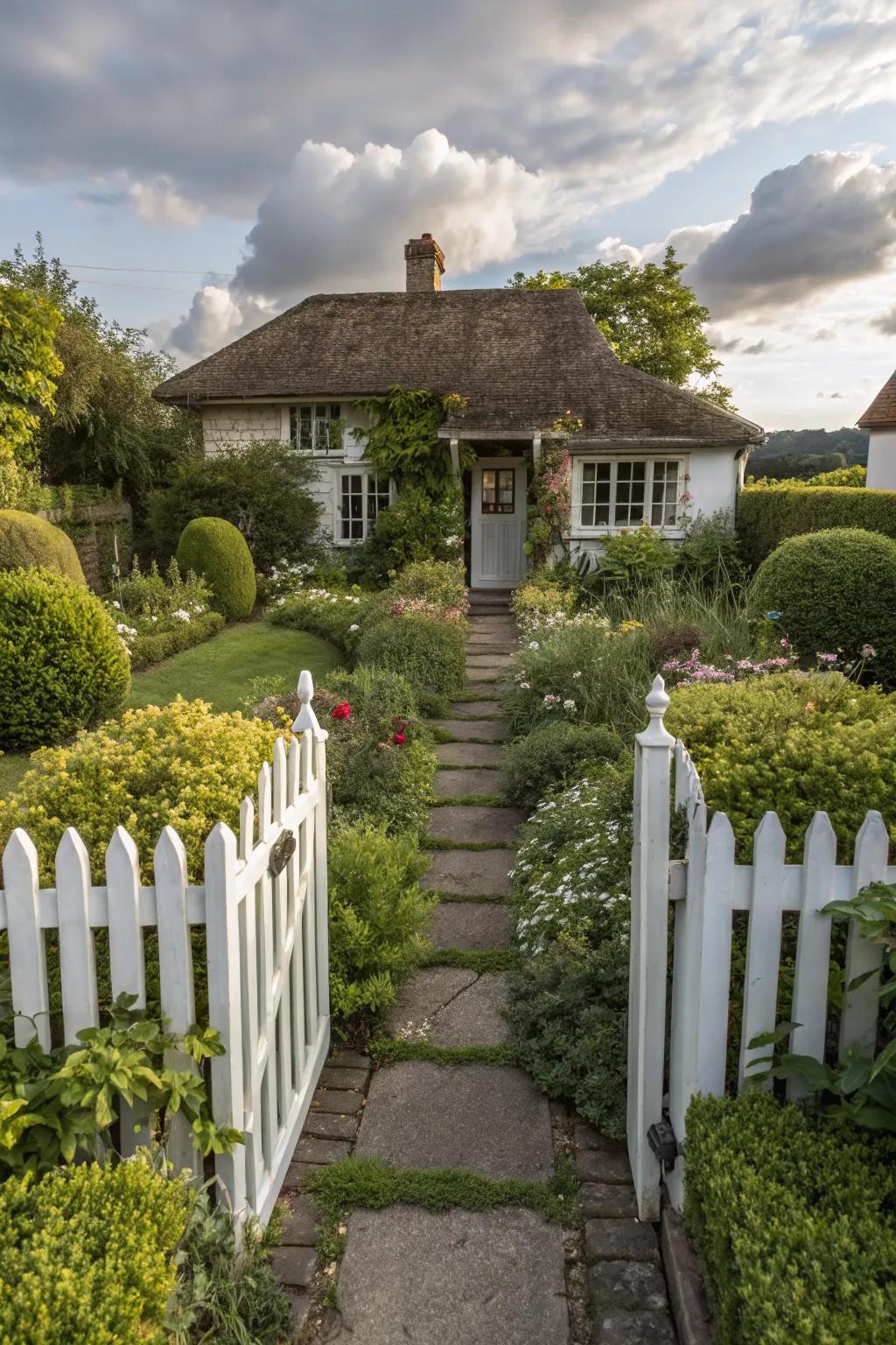 Layered greenery adding texture to a cottage-style front yard.