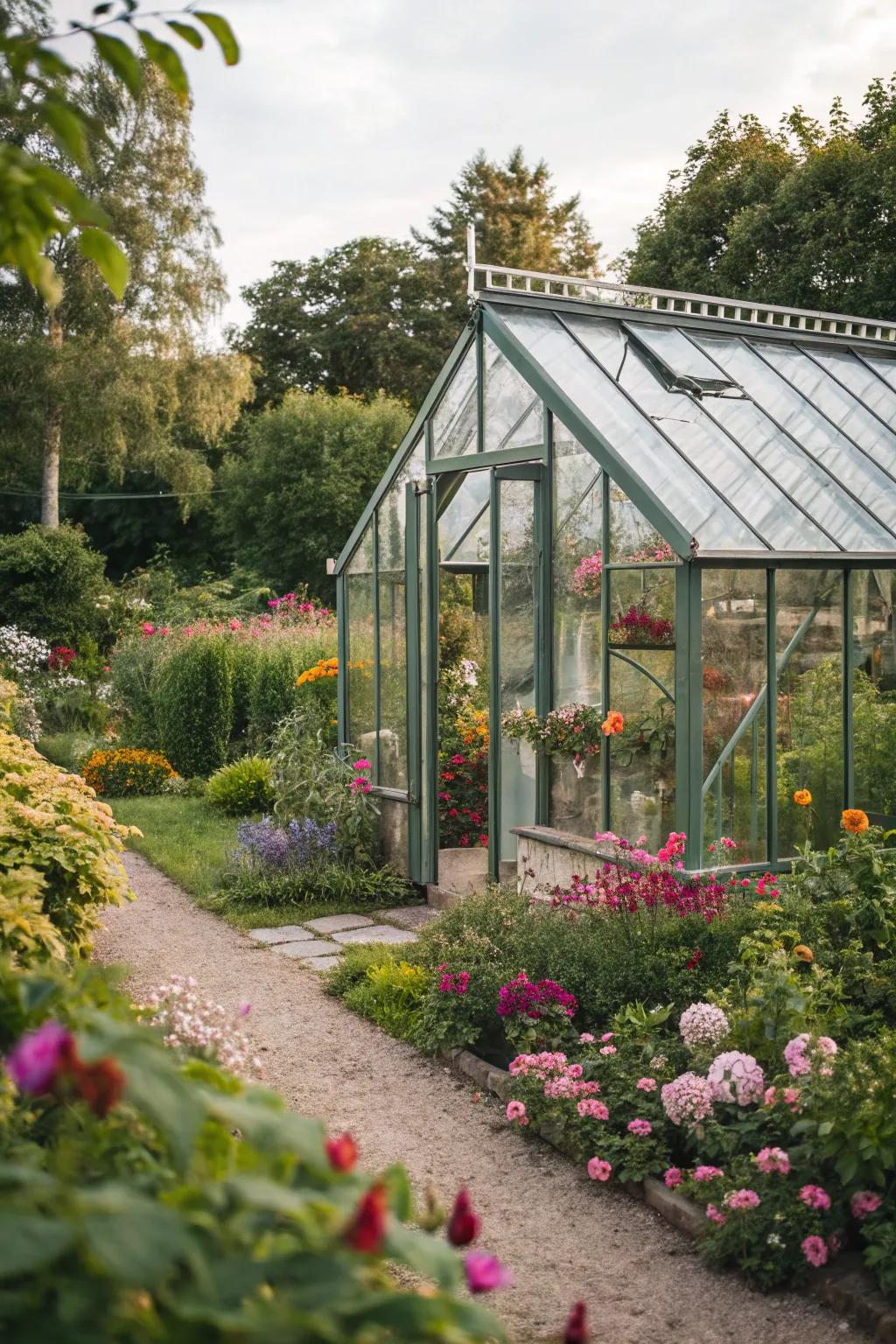 A charming greenhouse is both functional and beautiful.