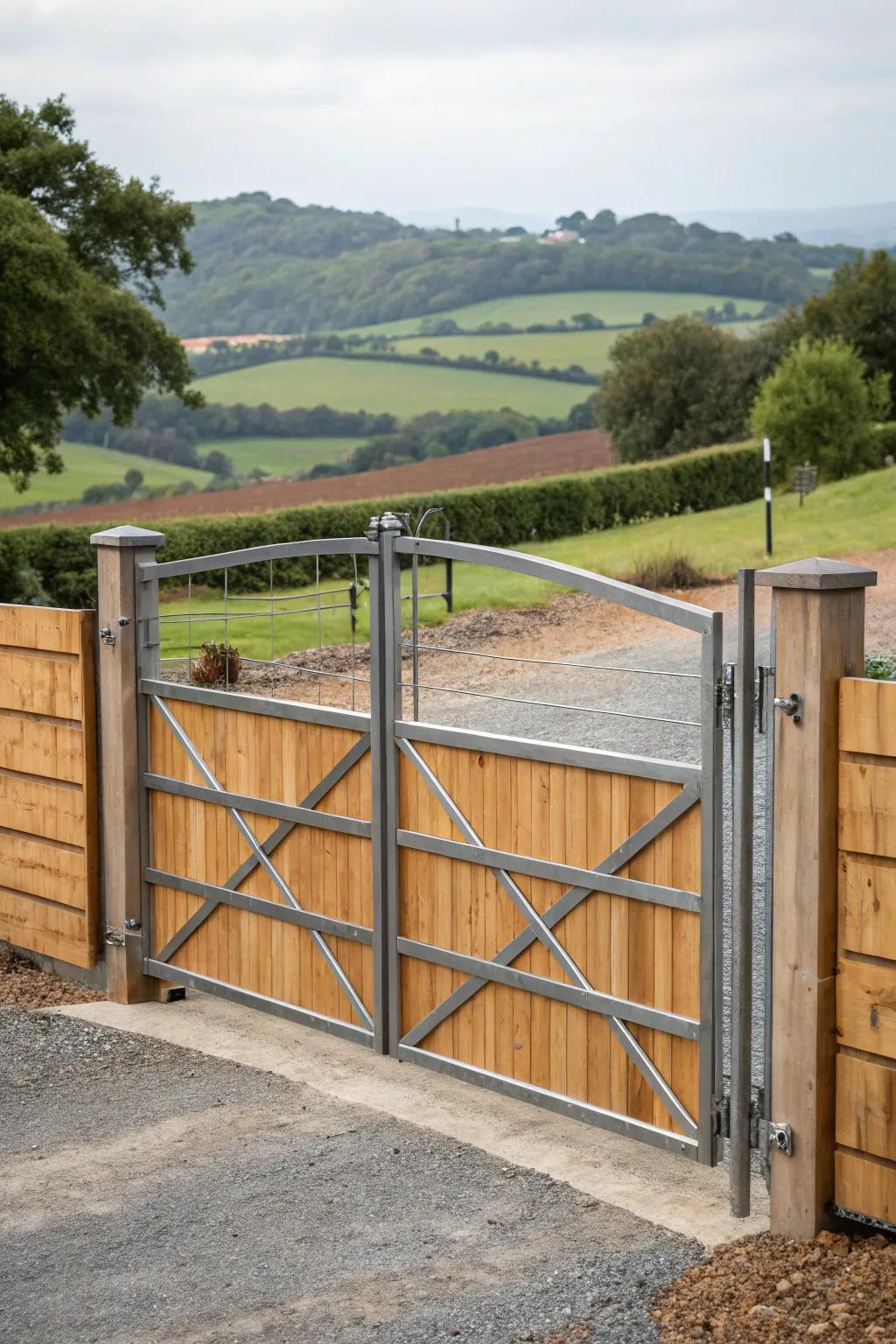 A modern rustic gate blending wood and metal.