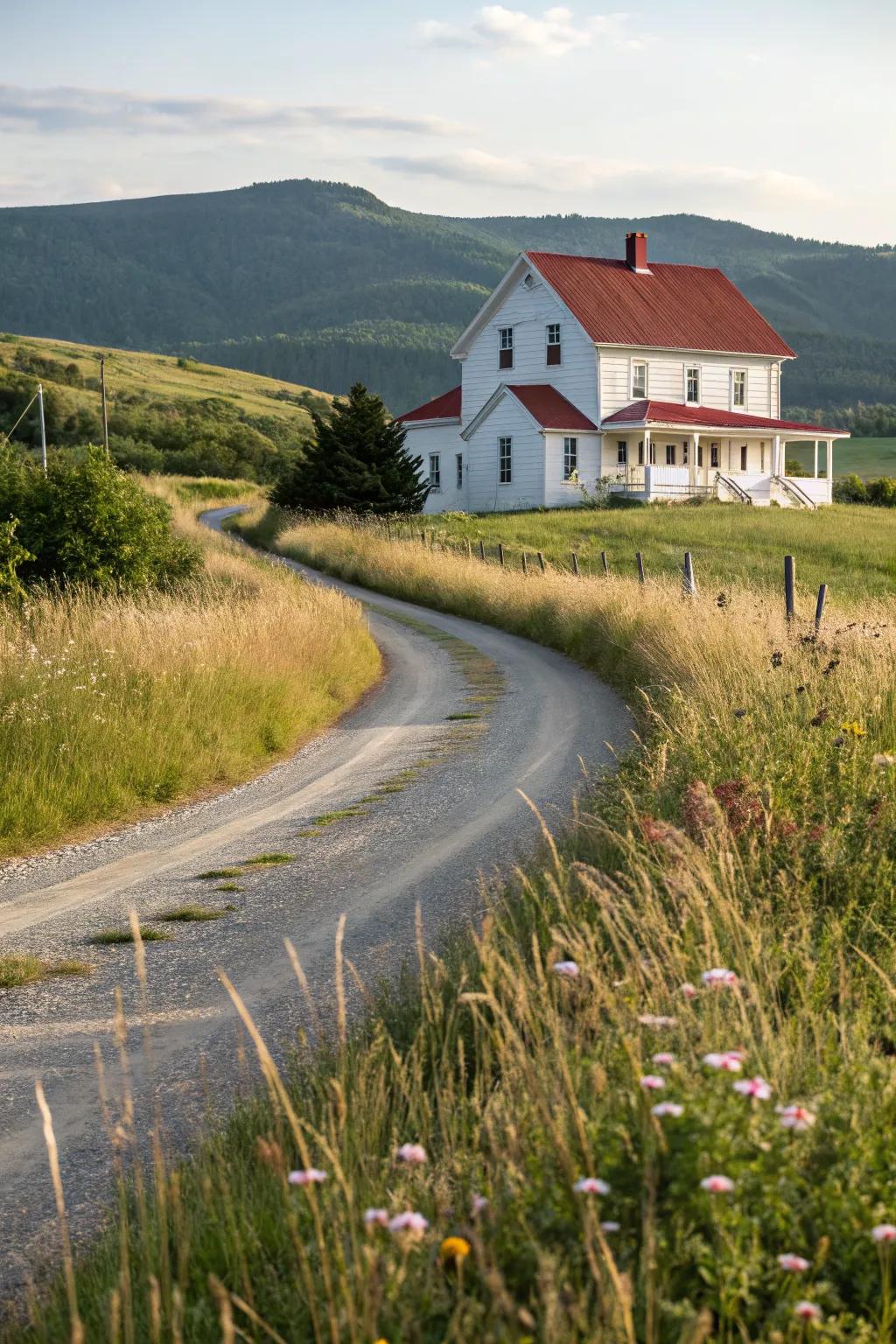 A gracefully curved driveway adding elegance to the traditional farmhouse setting.