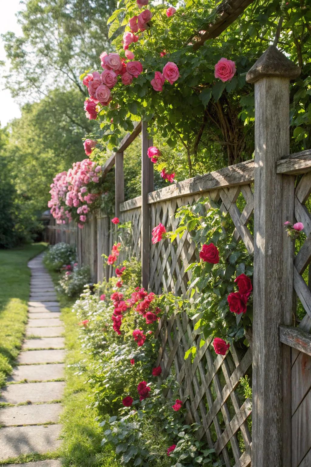 A lattice fence provides a perfect structure for climbing plants.
