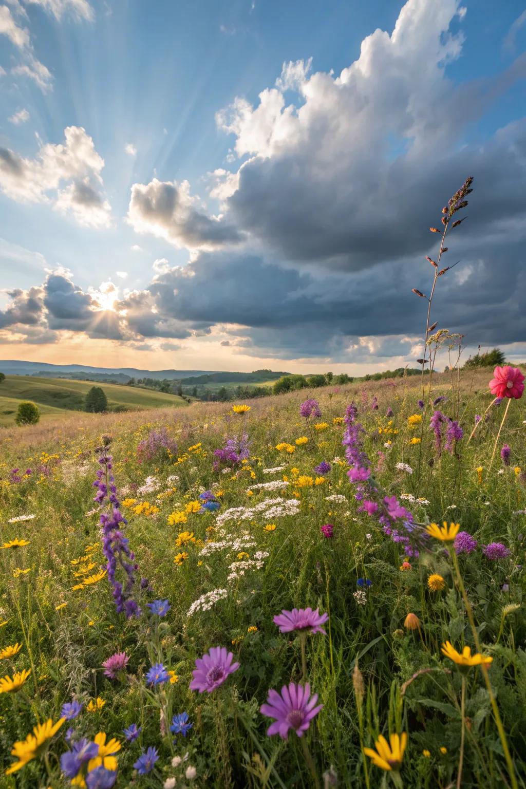 A vibrant wildflower garden alive with color and movement.