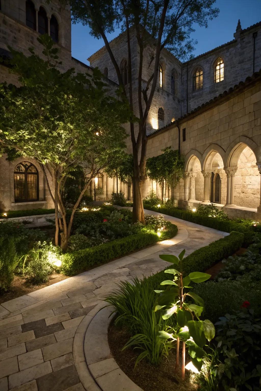 A magical courtyard aglow with ambient lighting.