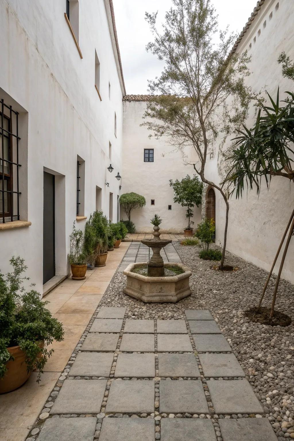 A minimalist courtyard with smooth paving and a serene atmosphere.