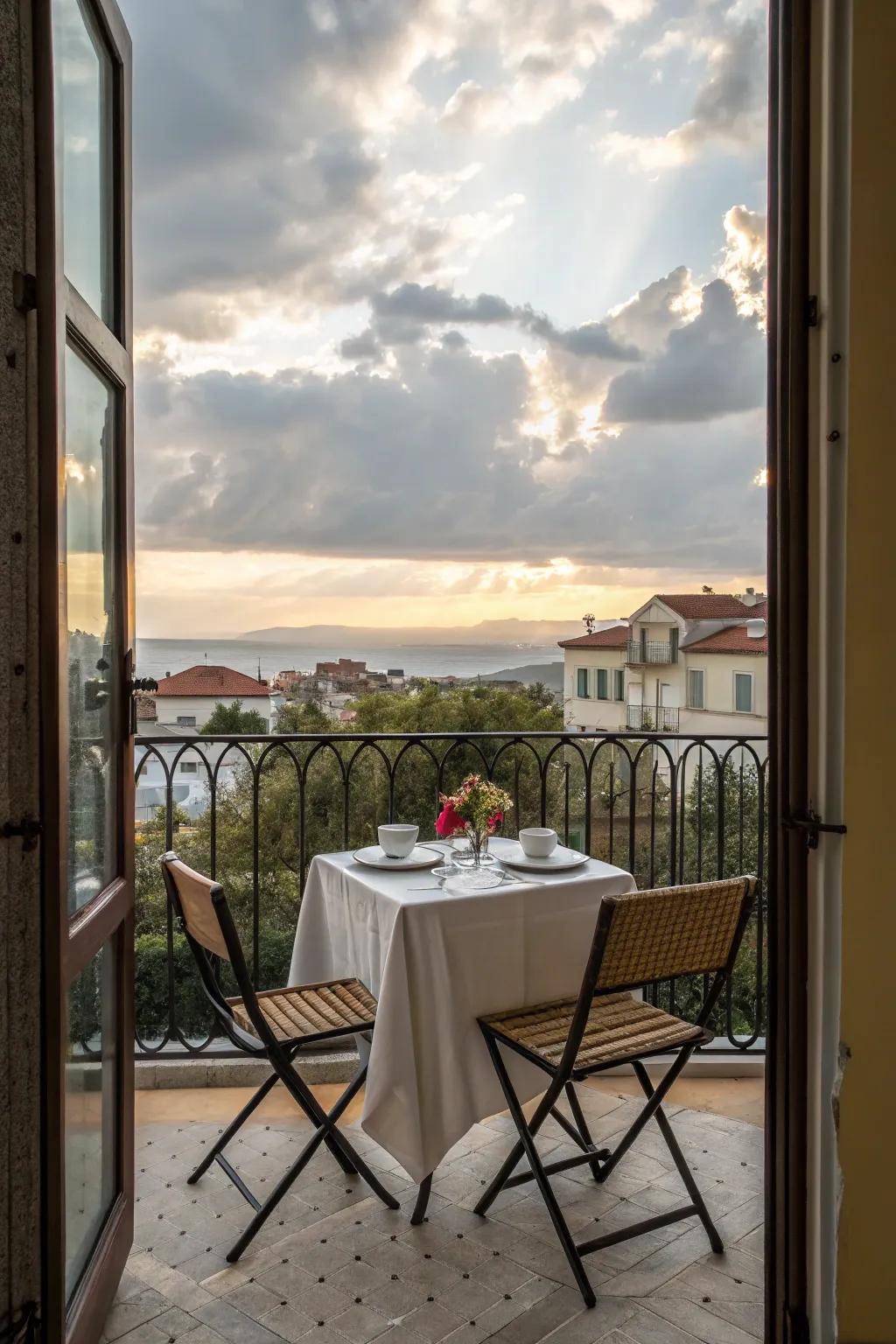 A private dining area on the balcony enhances morning routines.