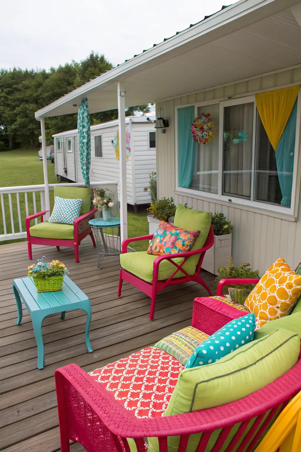 Cheerful and lively deck with colorful furnishings.