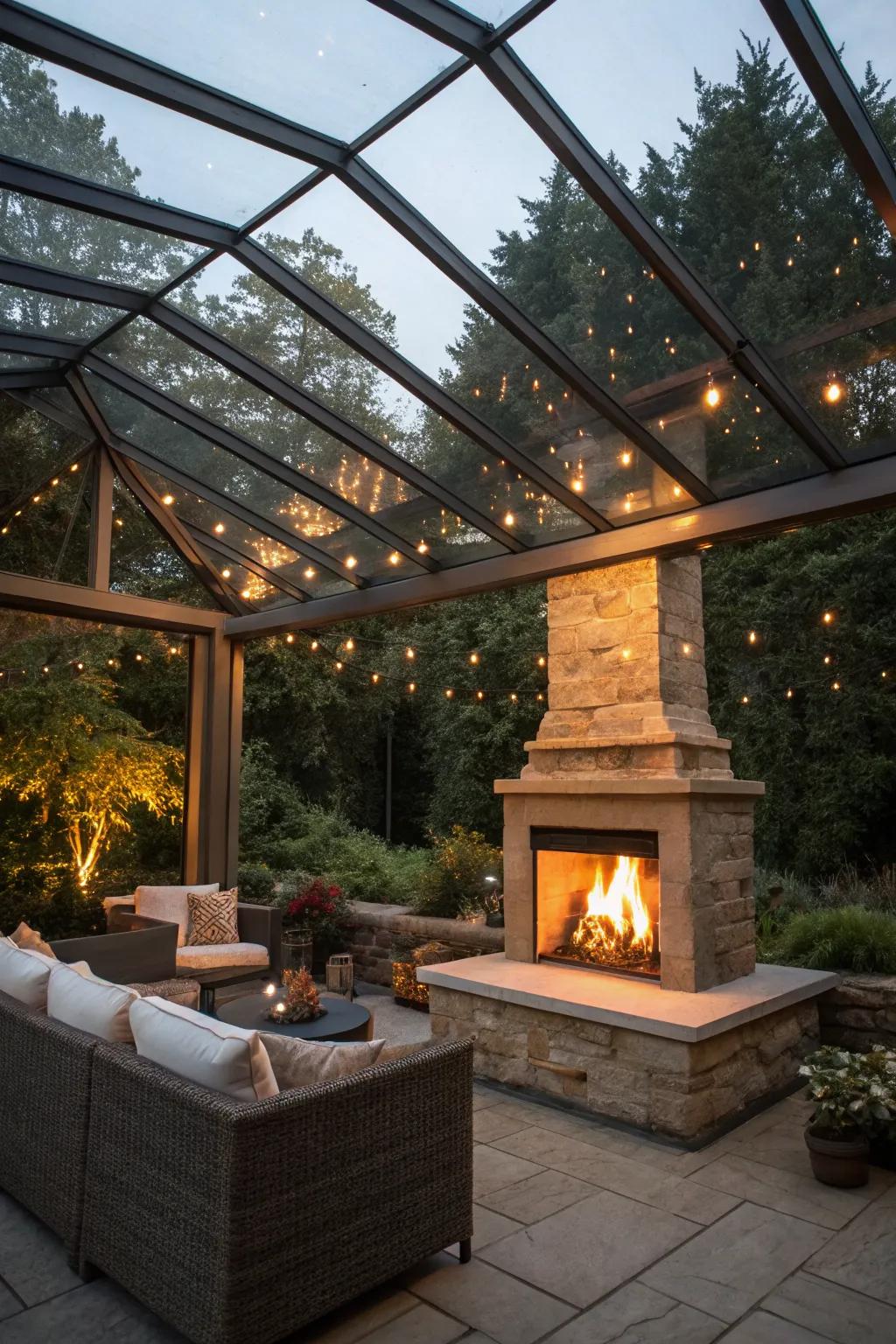 A magical outdoor fireplace under a glass roof, perfect for stargazing.