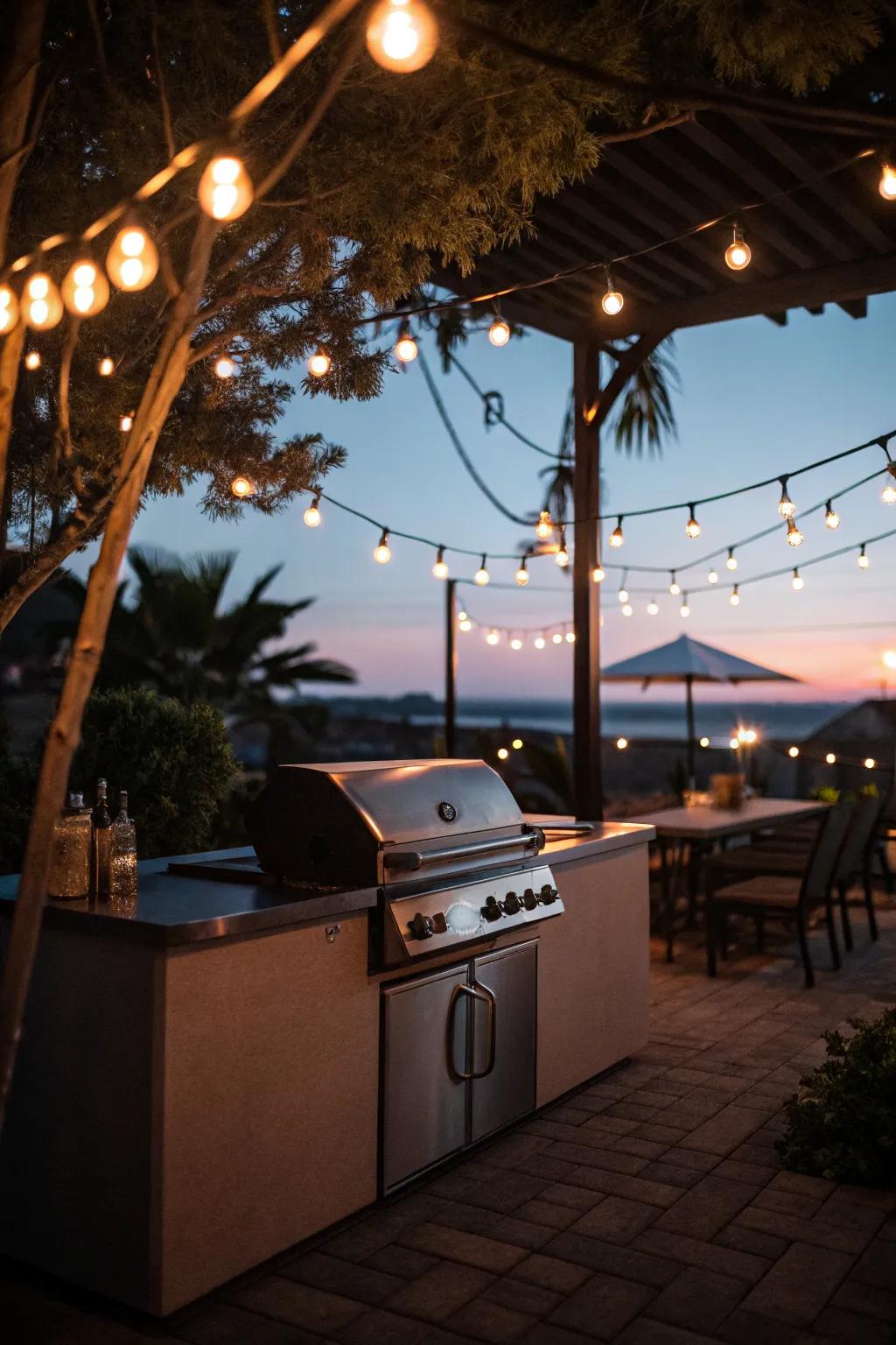 String lights add a magical touch to a covered grilling station.
