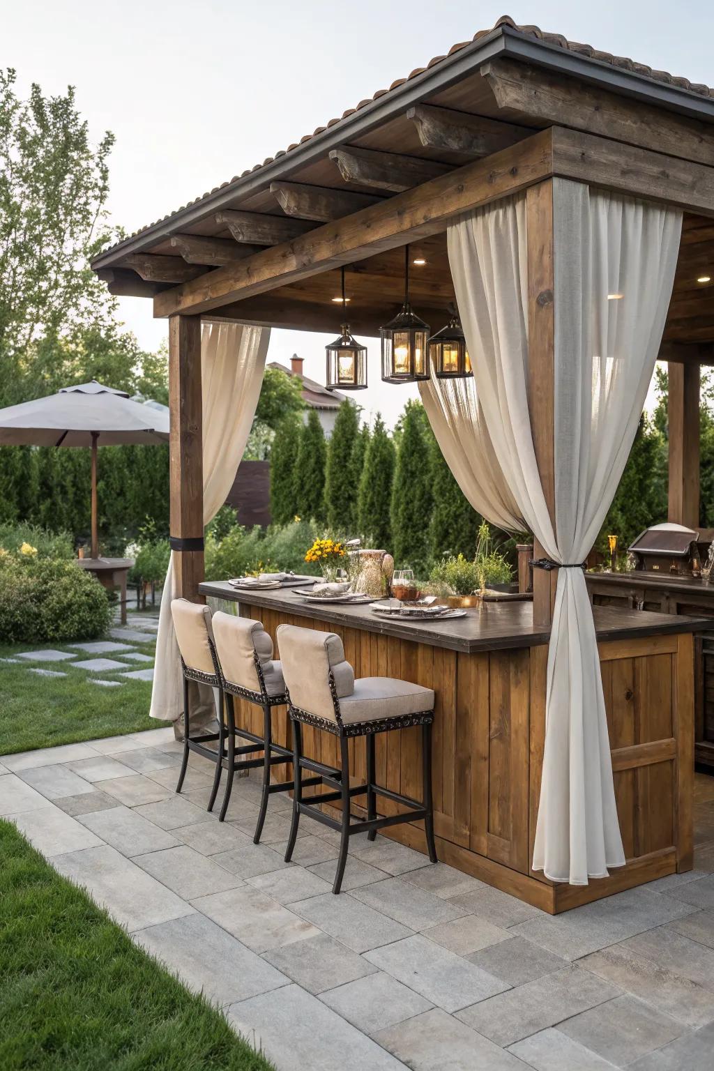 A combined bar and dining area creates a versatile outdoor entertaining space.