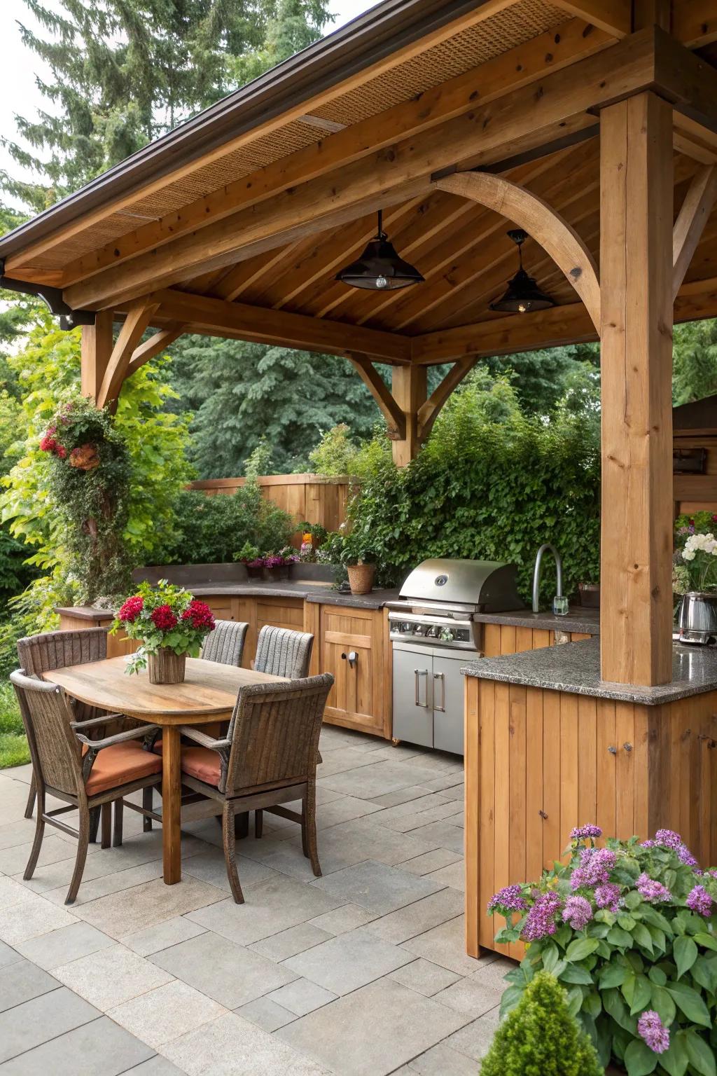 Cedar patio cover offers natural insulation and rustic beauty.
