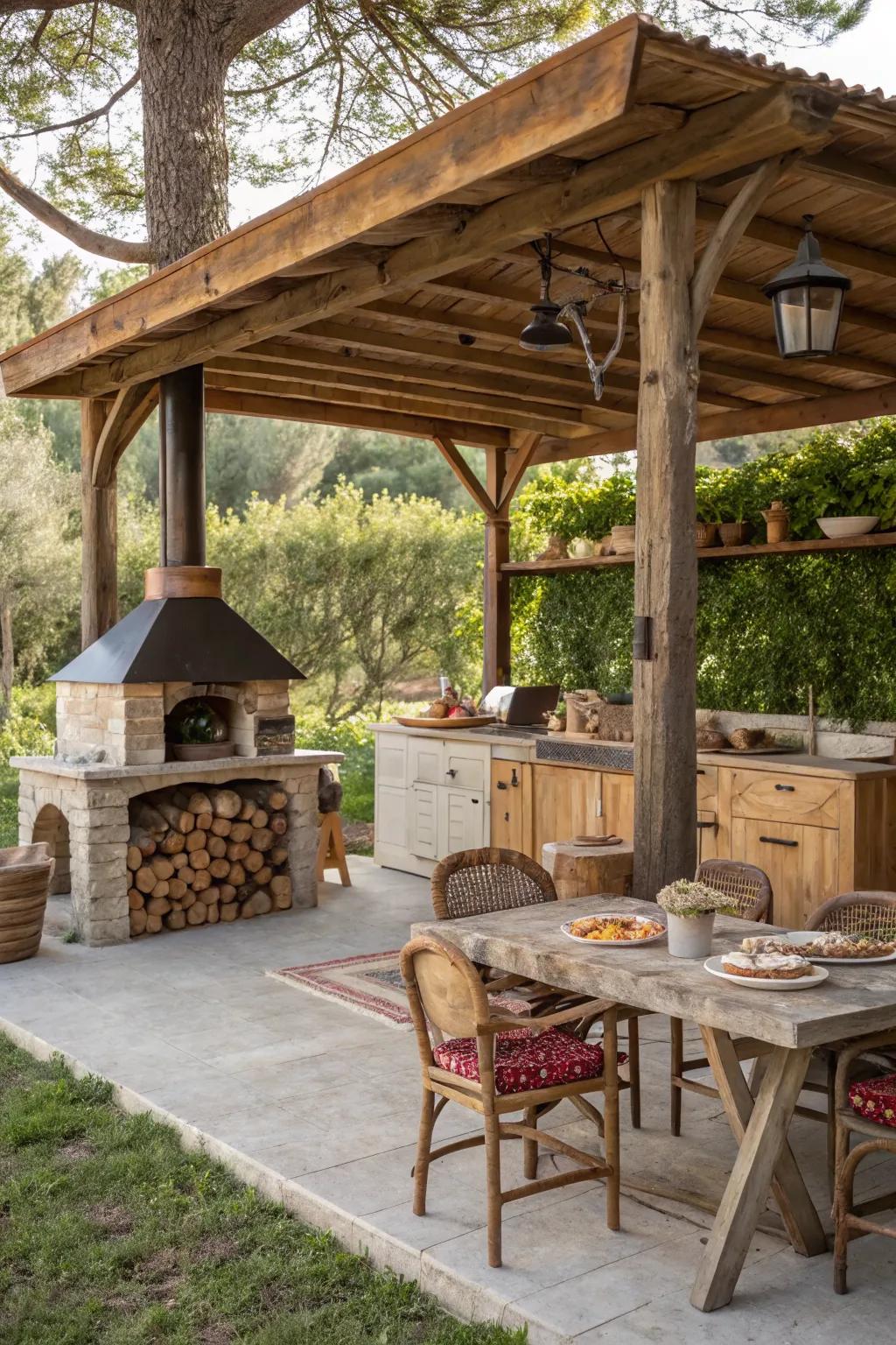 A wooden shelter adds rustic charm and warmth to the patio.