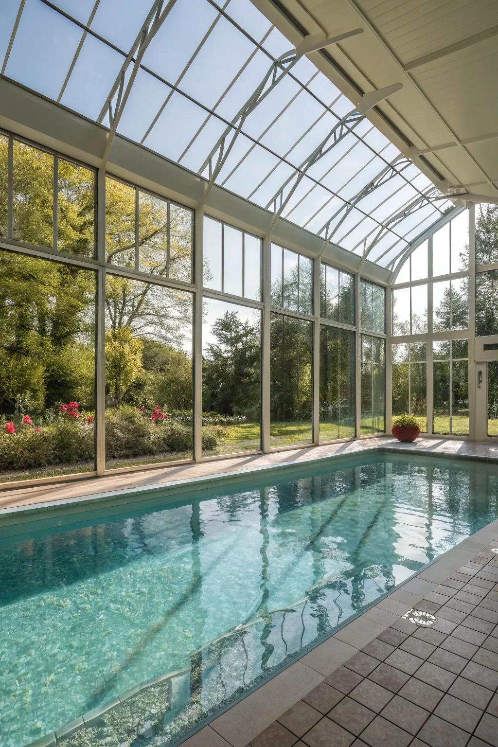 Indoor pools with large windows provide an outdoor experience indoors.
