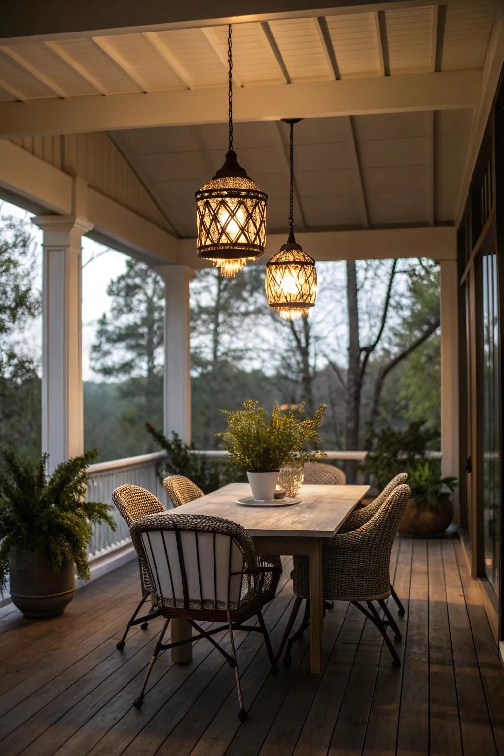Pendant lighting enhances your outdoor dining experience.