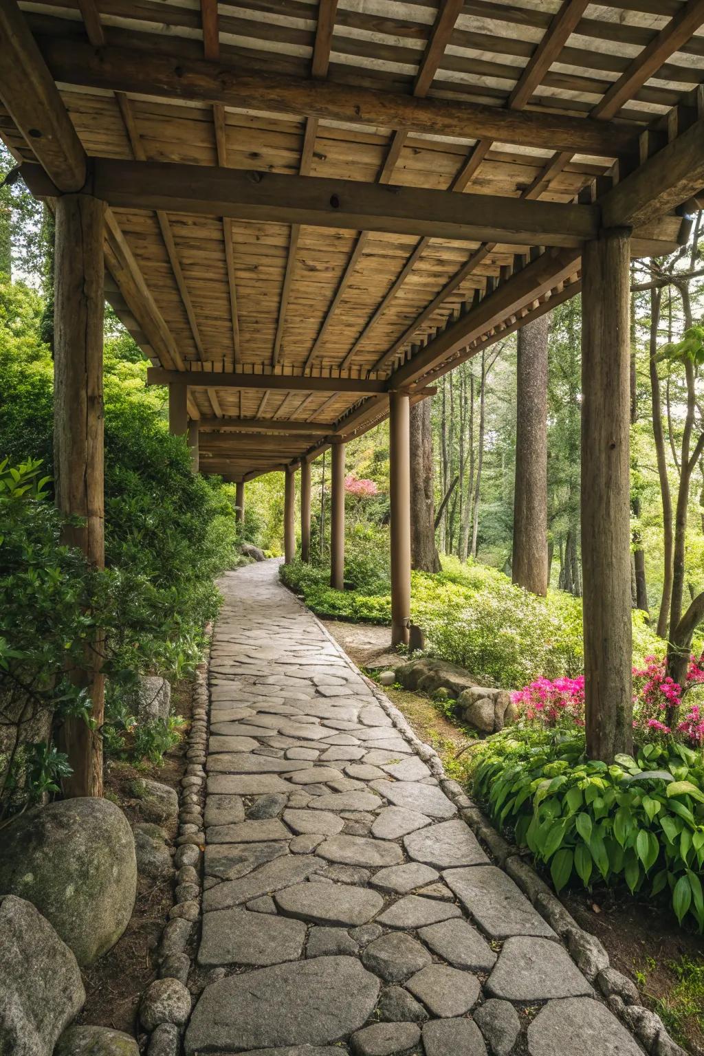 Elegance meets nature with this integrated stone and wood walkway.