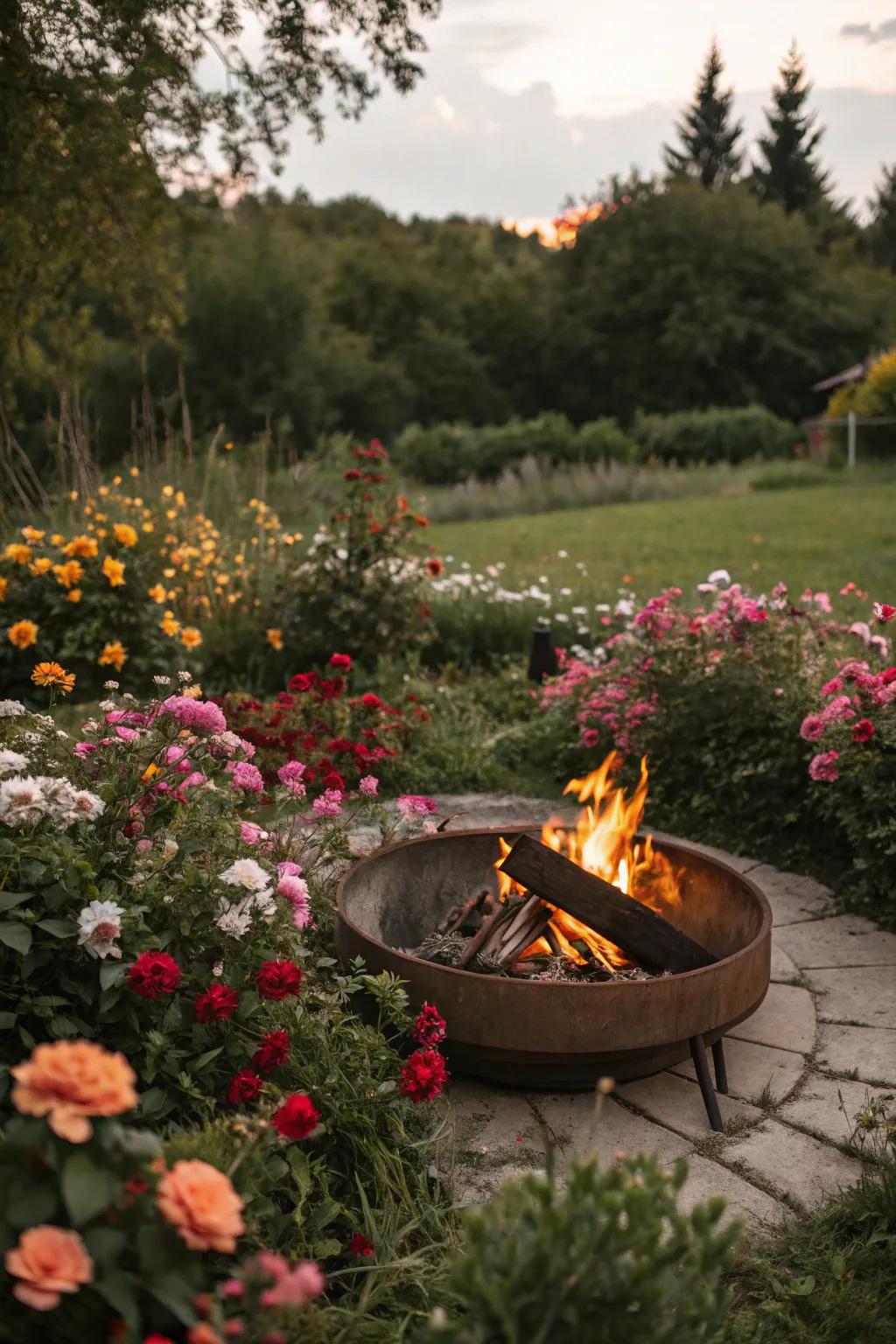 A garden setting enhances the fire pit experience.