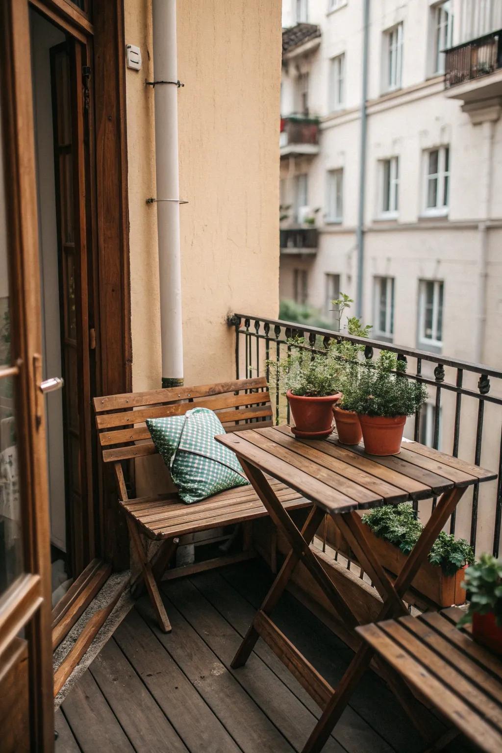 Wooden elements add a rustic charm to the balcony.