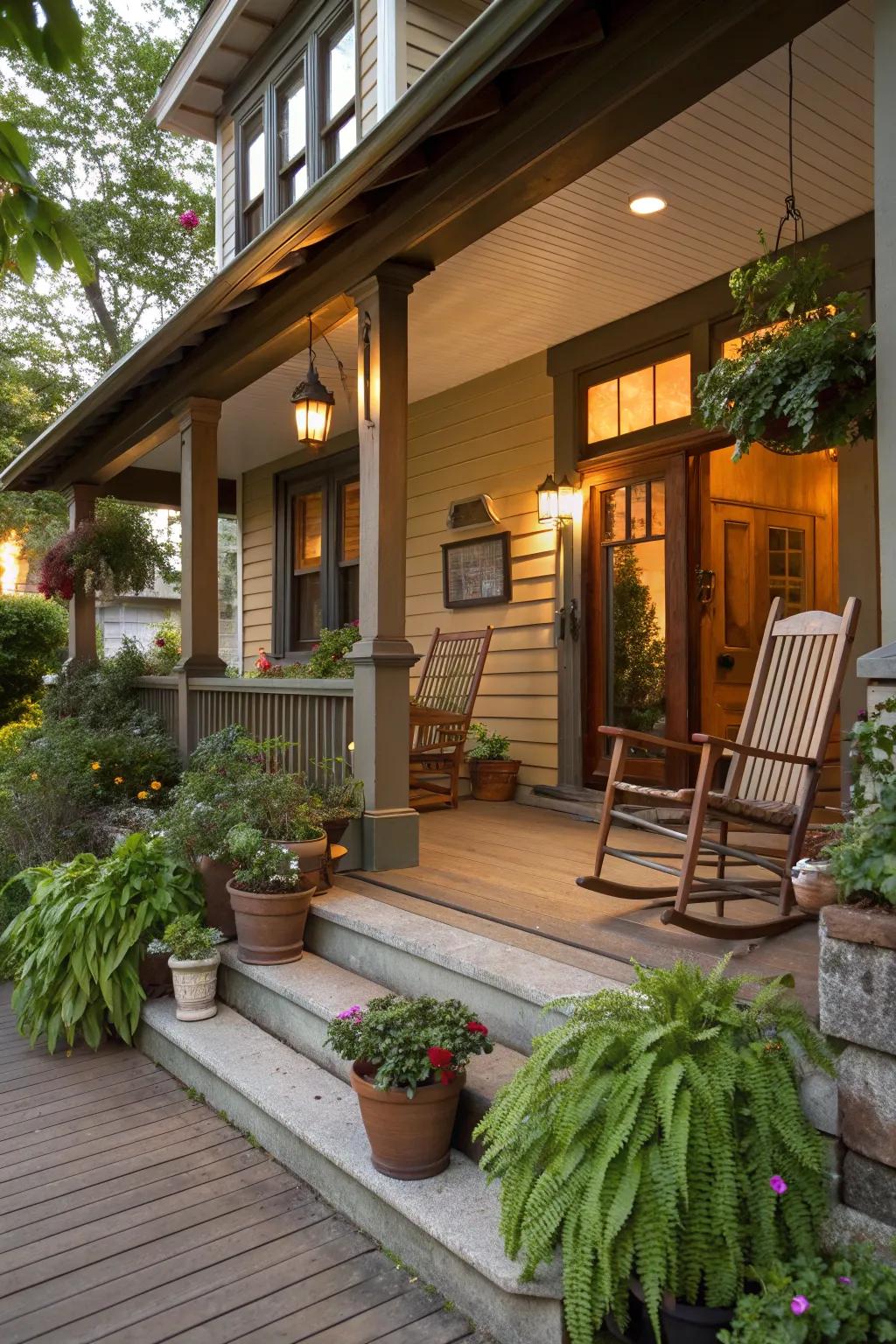 A charming entryway with potted plants and rocking chairs on a craftsman house porch.