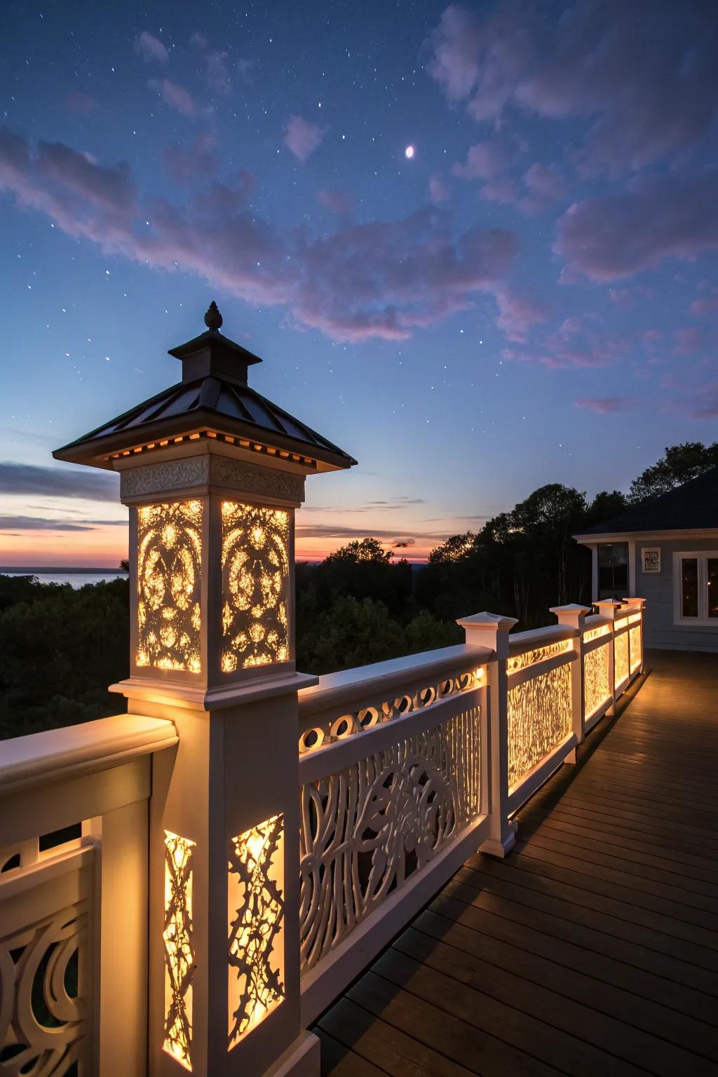 Post cap lighting adds safety and ambiance to craftsman railings.