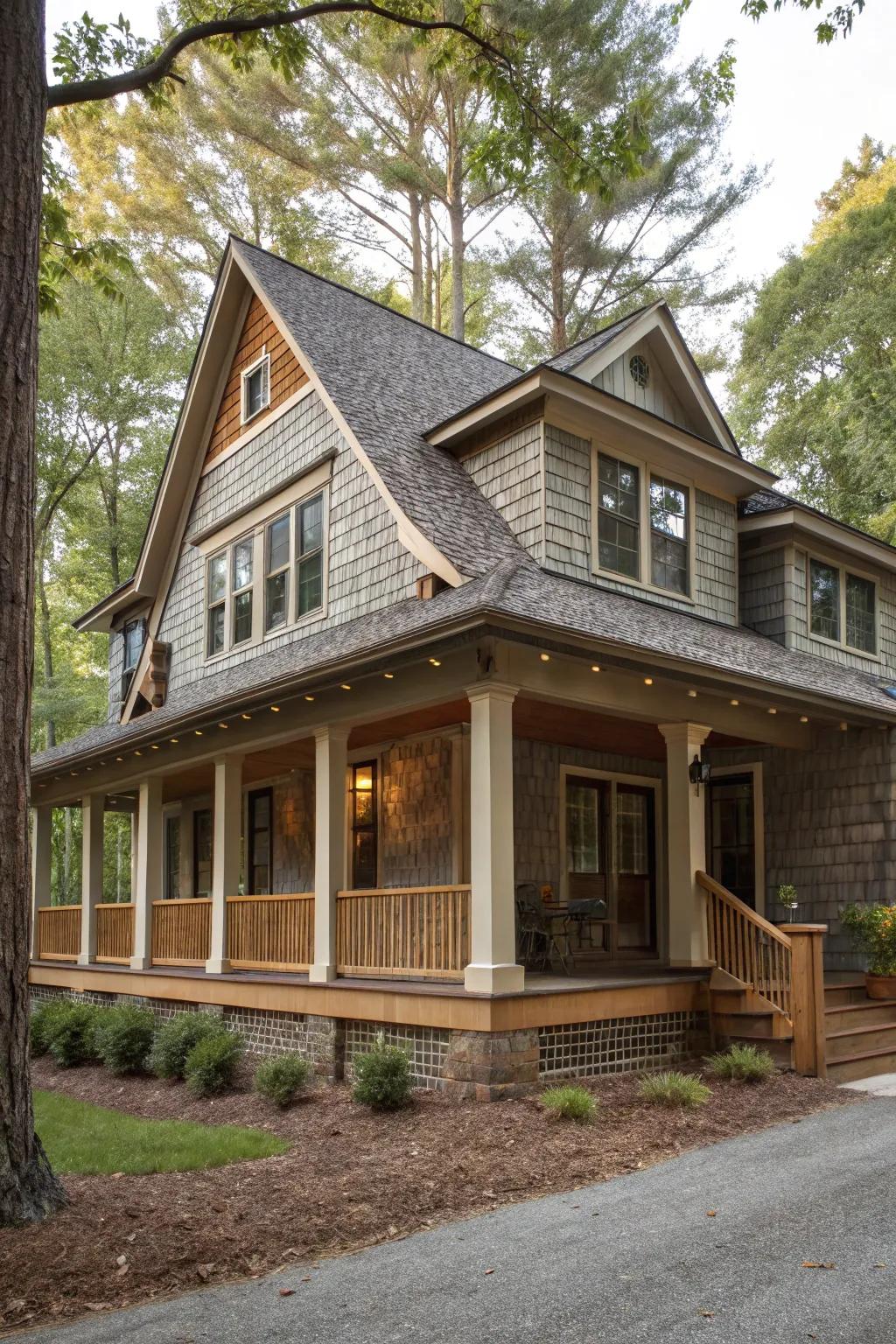 Shingle siding adds rustic charm and texture to this Craftsman-style home.