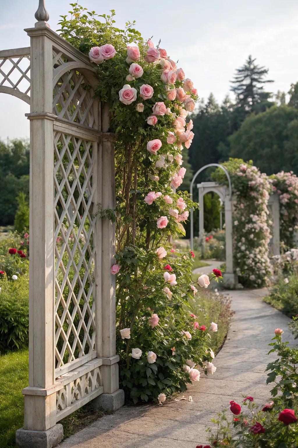 Add charm with decorative lattice panels and climbing roses.