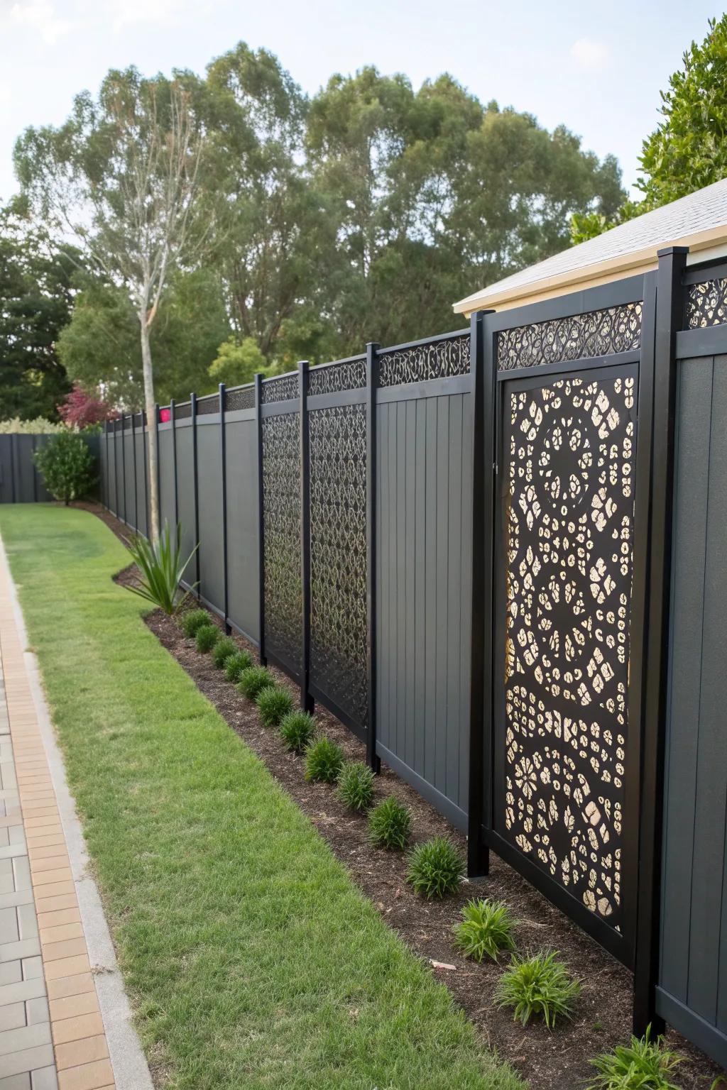 A fence with decorative panels providing privacy and style.