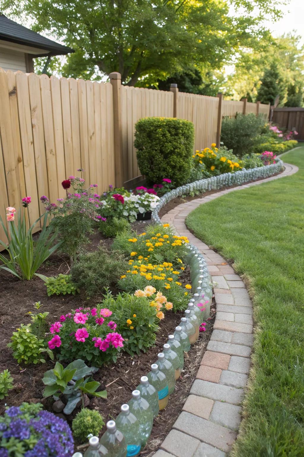 Recycled bottles add charm and sustainability to garden edges.