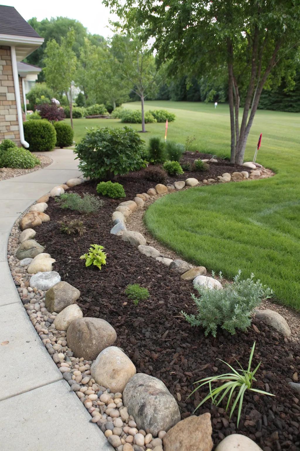 Mulch and stone borders adding structure to the garden beds