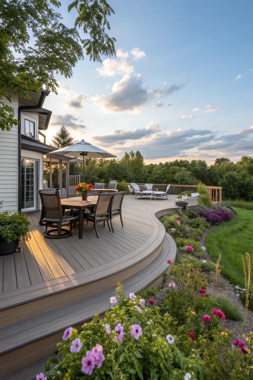 A multifunctional deck with separate zones for dining and lounging.