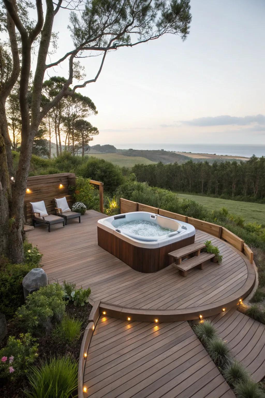 Curved deck with a luxurious hot tub addition.