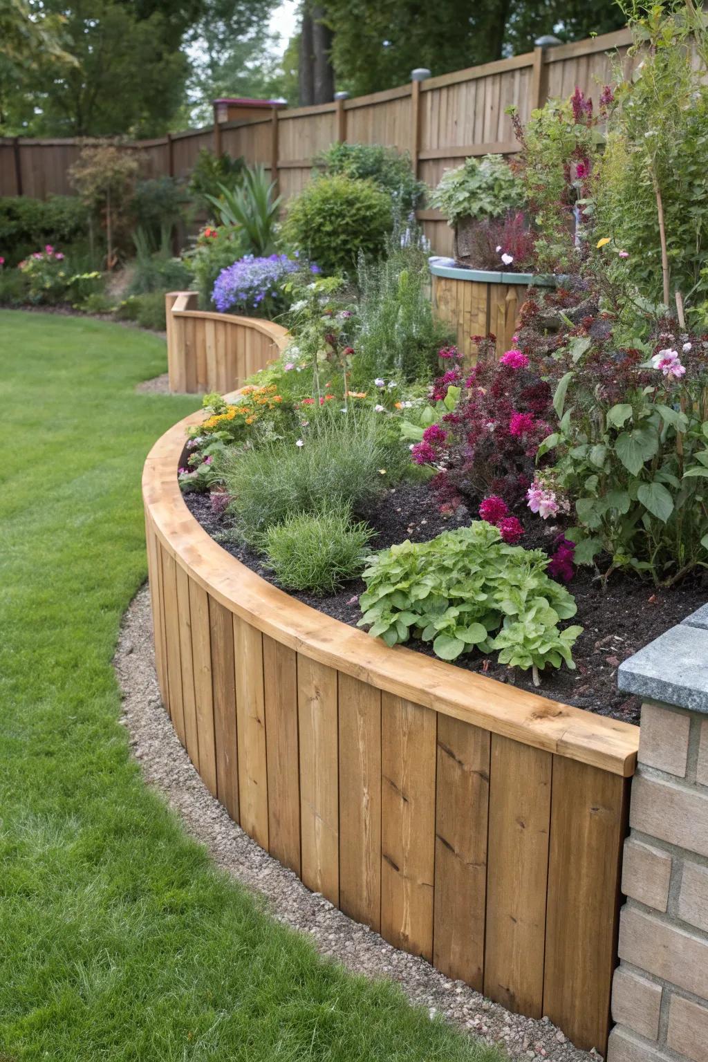 Raised beds following a gentle curve.