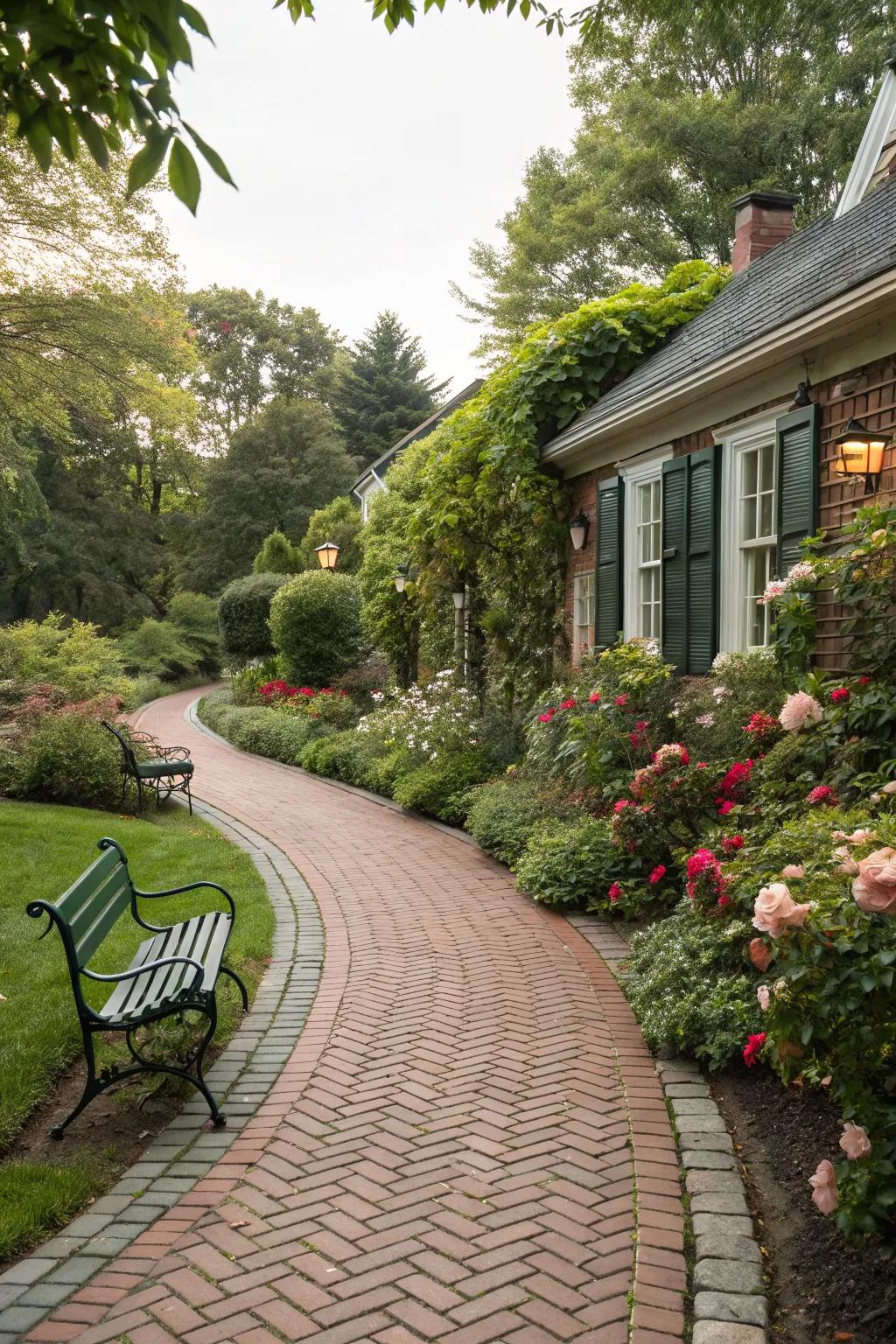 A charming curved brick pathway set in a quaint garden environment.