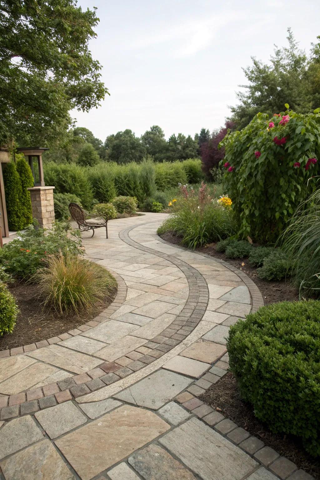 Curved stone patterns add texture and movement to the patio.