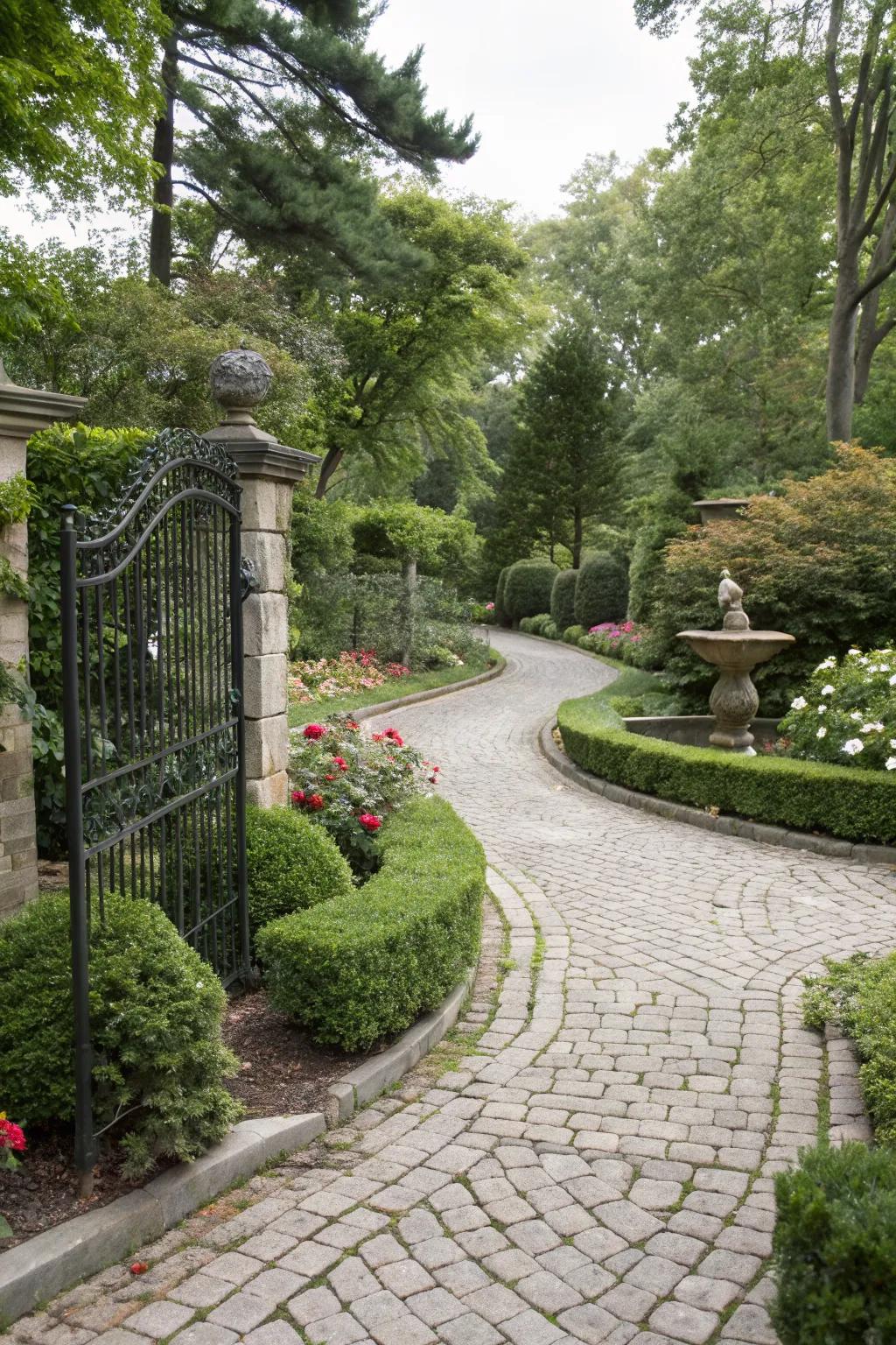 A cobblestone pathway exuding old-world charm in a garden setting.