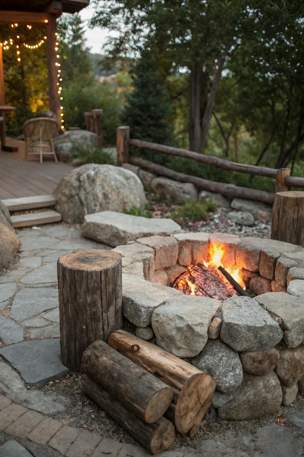 Natural materials create a warm, rustic retreat around the fire pit.