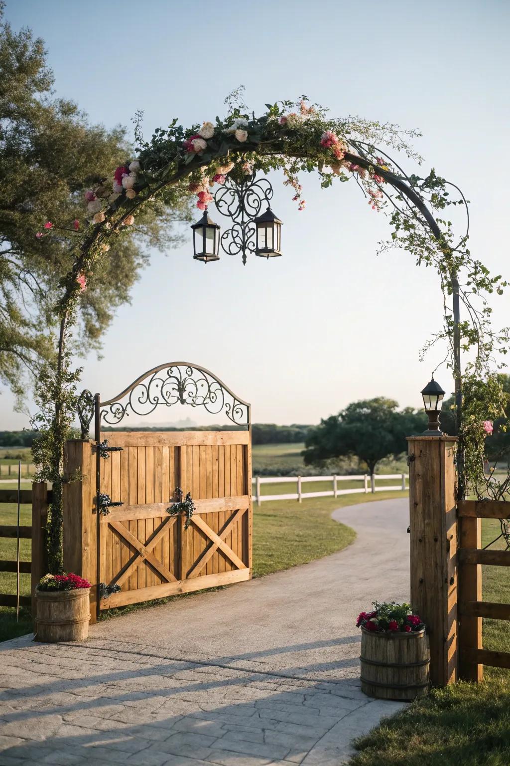 An arch design adds an element of grandeur to this ranch gate.
