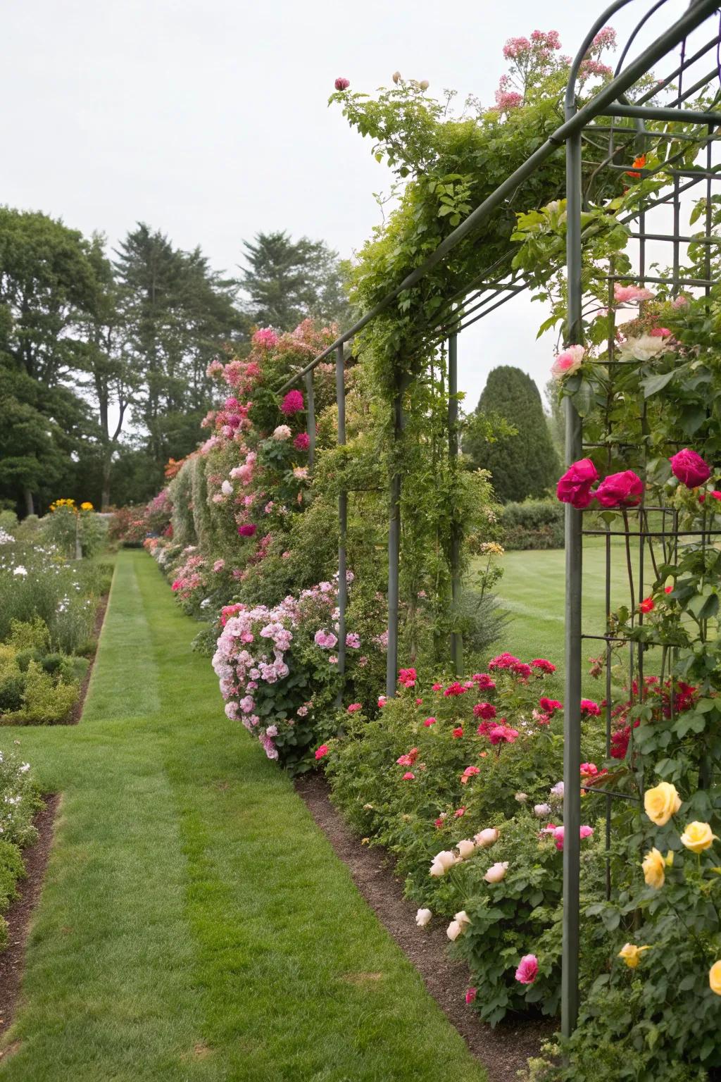 A garden featuring trellises adorned with climbing flowers, adding vertical interest.