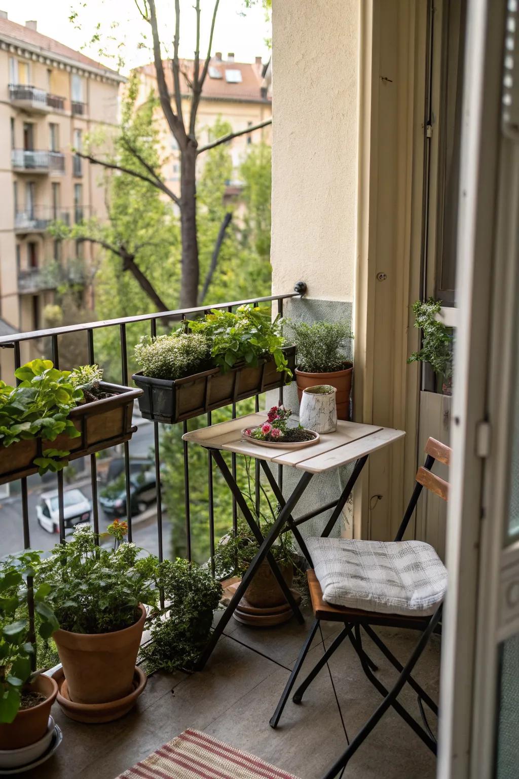 A small balcony featuring a compact foldable table for outdoor dining.