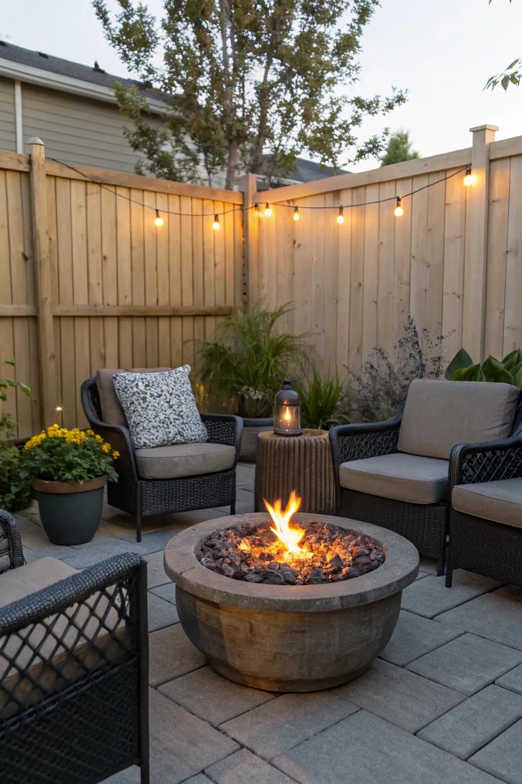 A mini fire pit creates a cozy atmosphere on a small patio