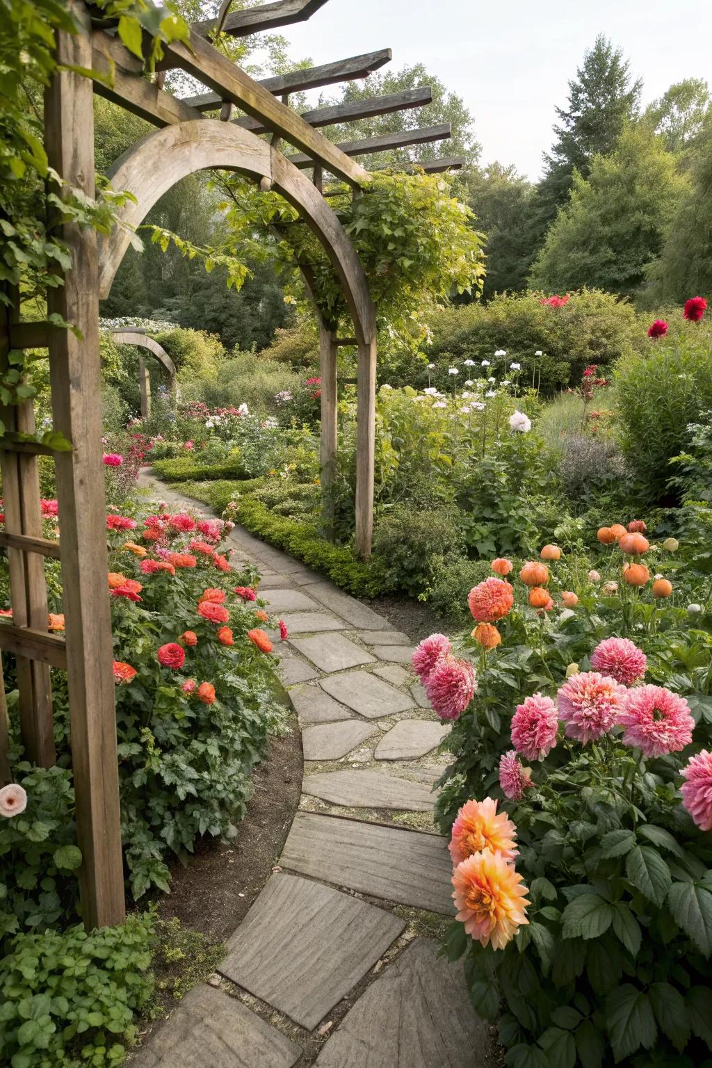 Pathways and structures add depth and intrigue to dahlia gardens.