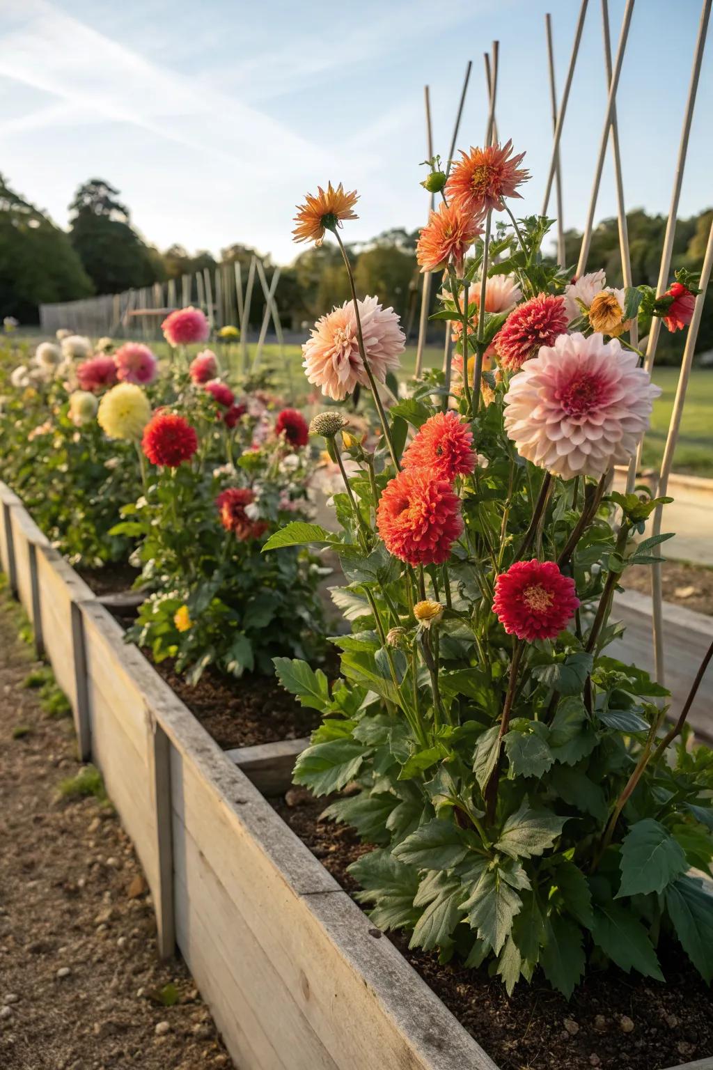 Dahlias thriving in a raised bed environment.