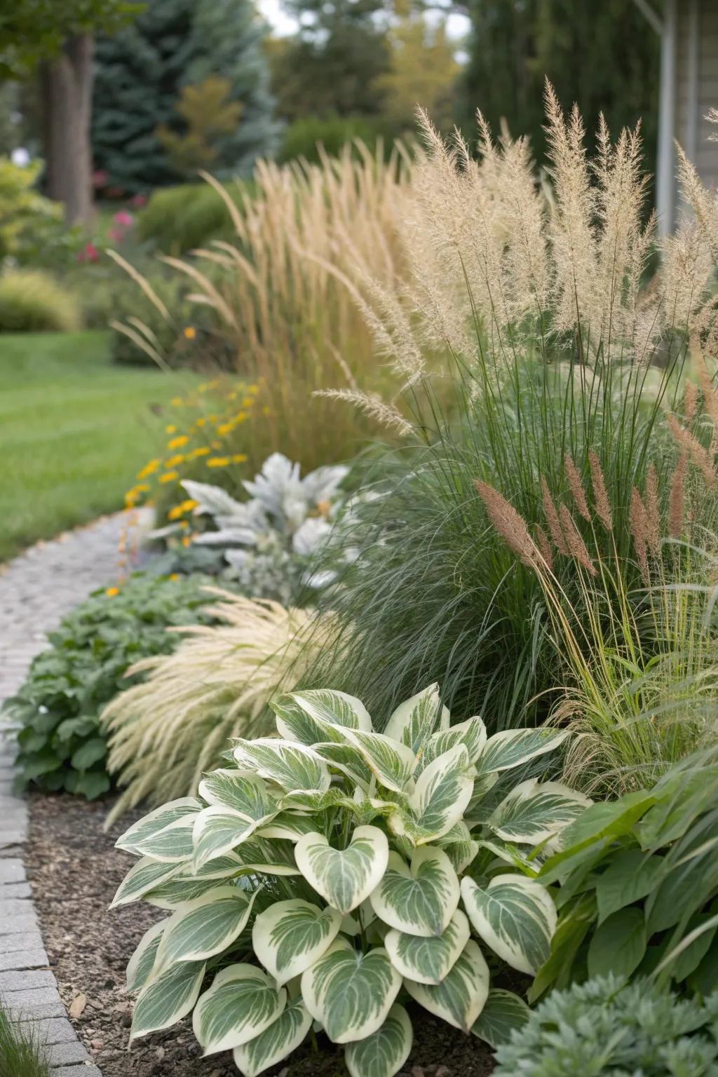 A diverse planting bed with dappled willows adding texture and color.