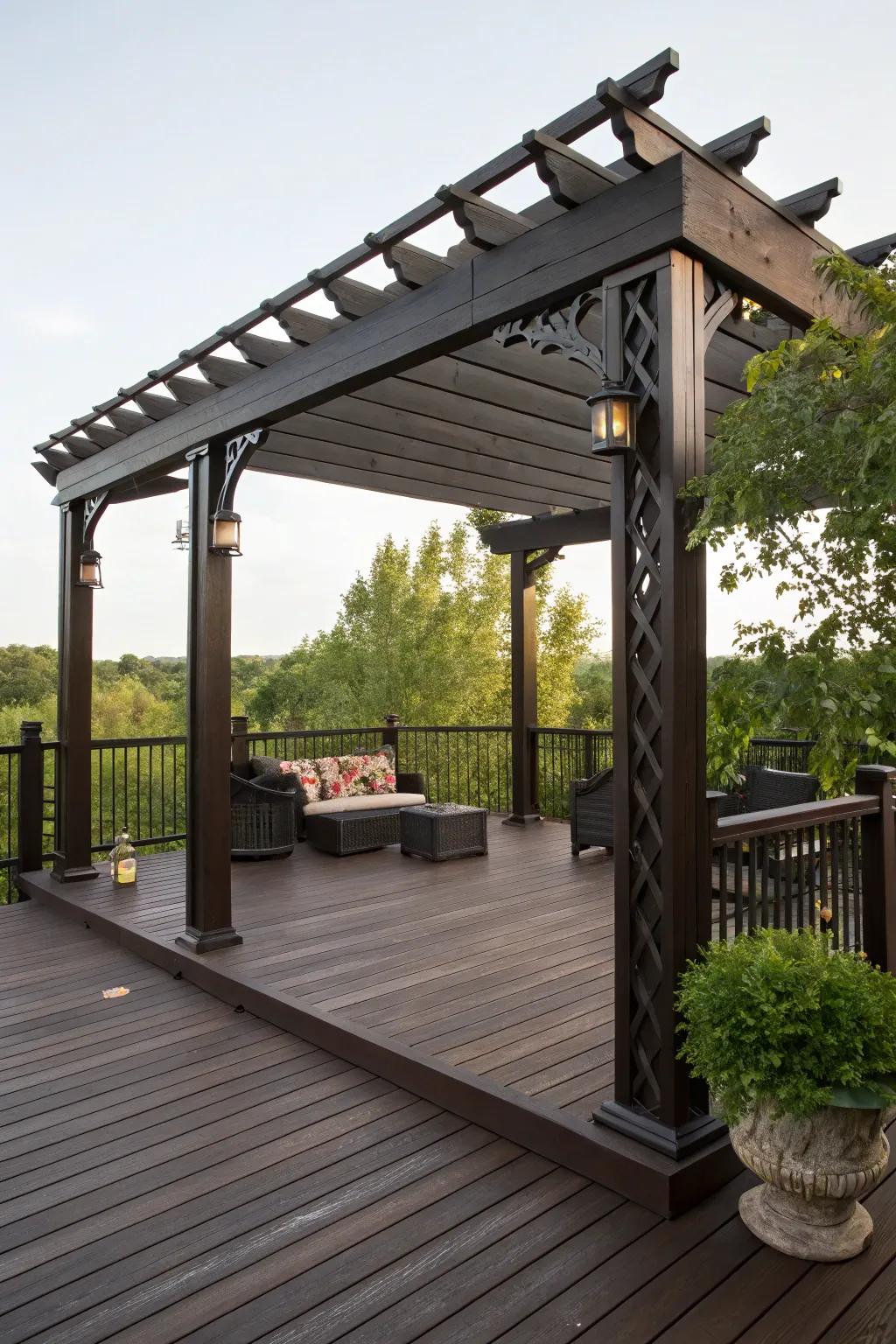 A pergola gracefully shades a dark brown deck, combining function and style.