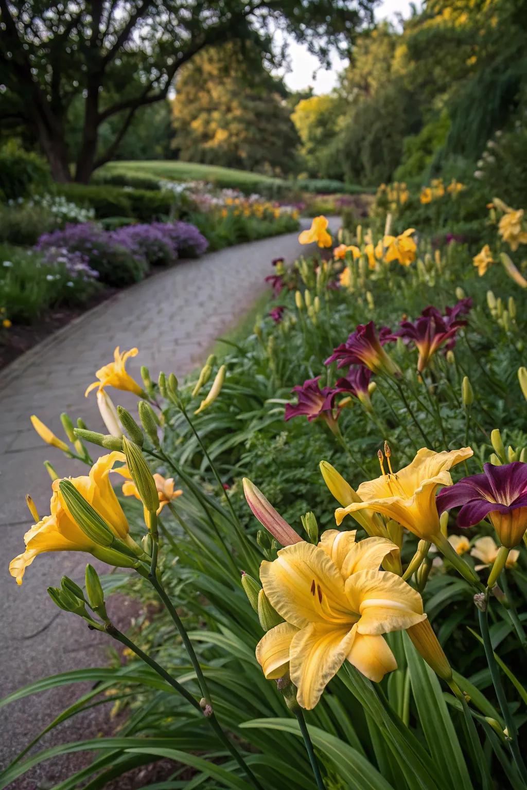 Striking color combinations with daylilies.