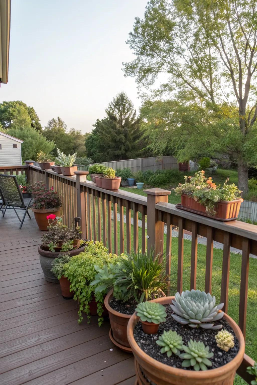 Potted plants bring a fresh touch of nature to this deck.